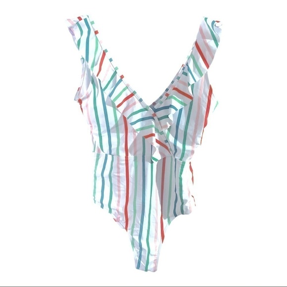 Shein Sexy Striped Ruffle Trim One Piece Swimsuit - Picture 2 of 3